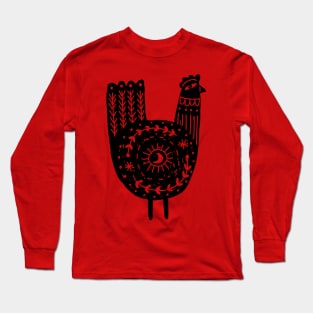 Folk Art Chicken in Black Long Sleeve T-Shirt